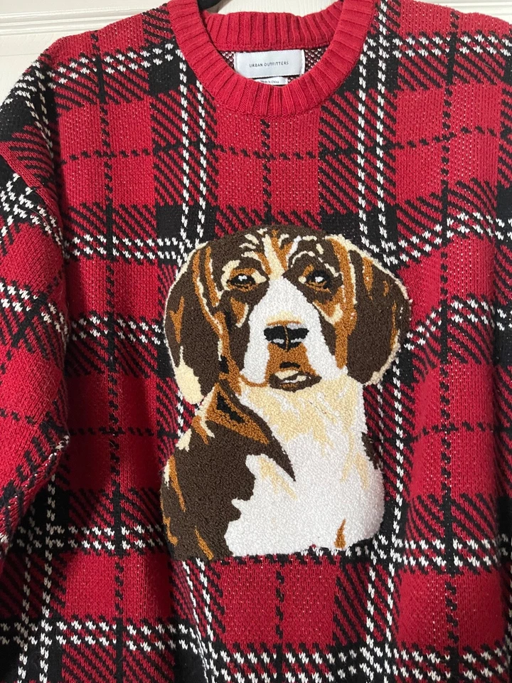 Urban Outfitters Plaid Christmas Sweater Beagle Dog Holiday Tartan Size Small - Image 3 of 4