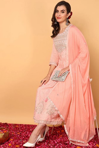 Bollywood Women Girl Peach Pure Cotton Geometric Embroidered Flared Suit Set - Picture 7 of 9