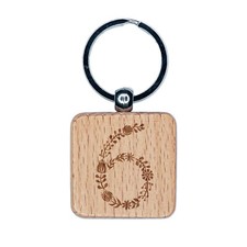 Elegant Botanical Floral Number 6 Engraved Wood Square Keychain Tag Charm