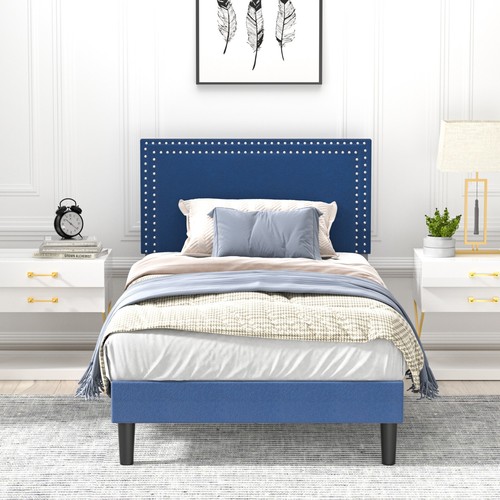 Upholstered Twin/Full/Queen Size Bed Frame Platform with Headboard Wooden Slat - Picture 38 of 106