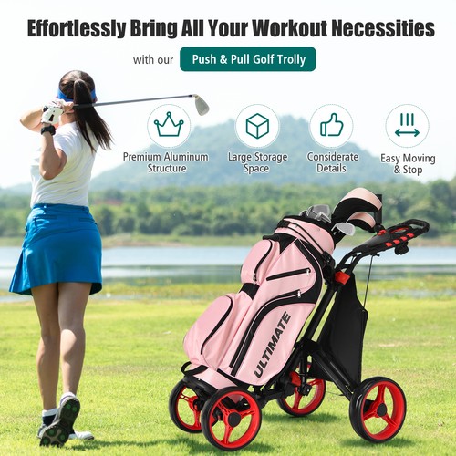 Costway Folding 4 Wheels Golf Push Cart W/Bag Scoreboard Adjustable Handle Red - Picture 3 of 12