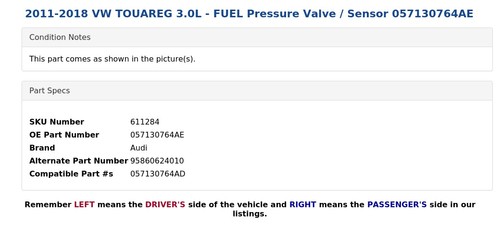 2011-2018 VW TOUAREG 3.0L - FUEL Pressure Valve / Sensor 057130764AE - 第 3/4 張圖片