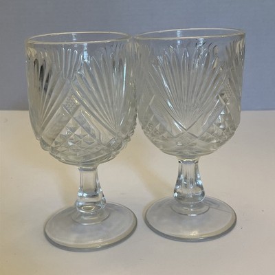 EAPG US GLASS VINTAGE FAN DESIGN WATER GOBLET CLEAR SET OF 2