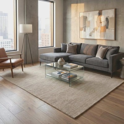Modern Minimalist Beige Texture Rug - Hand-Loomed Wool Neutral Tone Area Rug