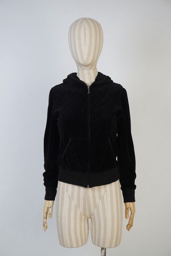 Juicy Couture Velour Zip Hoodie L Black Rhinestone Logo Crown USA Y2K Tracksuit - Picture 2 of 12