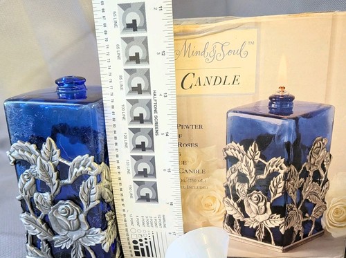 Body Mind & Soul Oil Candle Antiqued Pewter Filgree Roses Cobalt Blue Glass NIB - Picture 8 of 8