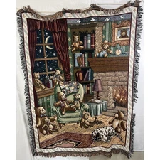 The Bears Den Tapestry Throw Blanket Wall Hanging Fireplace Night Dog 48 X 64