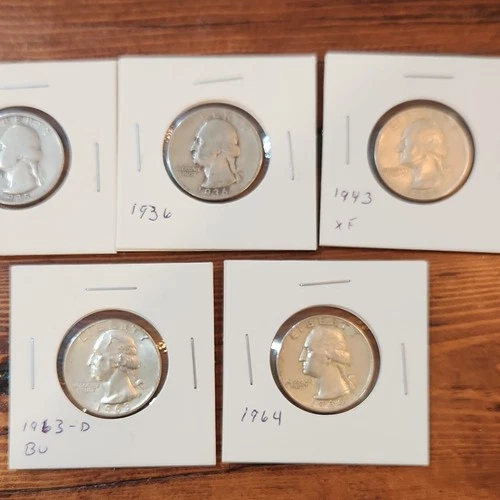 5 Washington Quarter Lot Silver 1935-S, 1936, 1943 XF, 1963-D BU, 1964
