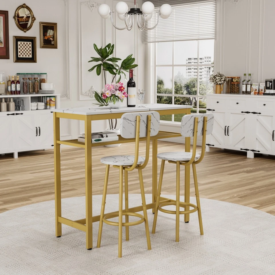 Dining Table Set W 2 Stools 3 Piece Counter Small Apartment Breakfast Table - Image 3 of 4