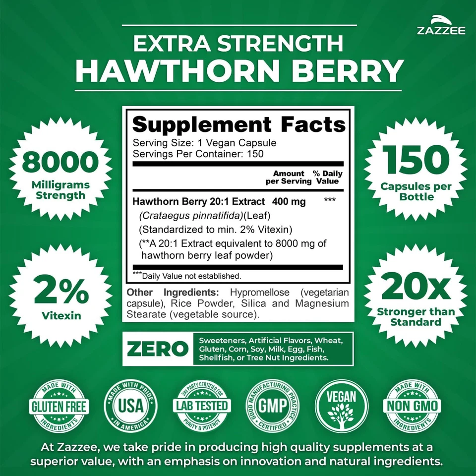 Extra Strength Hawthorn Berry 20:1 Extract, 8000 Mg Strength, 2% Vitexin, 150 Ve - Image 3 of 4