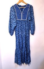 Monsoon Dress Size S Blue Boho Midi Tiered Floral Peasant Balloon Sleeves