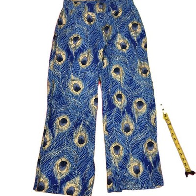 IMAN Global Chic Peacock Feather Print Wide Leg Pants Blue Gold Metallic Large