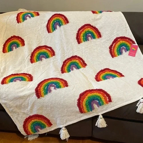 RARE Isaac Mizrahi New York Decorative Rainbow Throw Blanket NWT 60”x50”