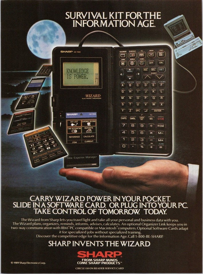 A 1989 magazine ad for the Sharp Wizard PDA — a framed slice of pre-smartphone tech nostalgia that hits perfectly for retro computing fans.
