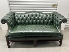 Vintage Chesterfield Chippendale Sofa, green tufted leather with brass nail head