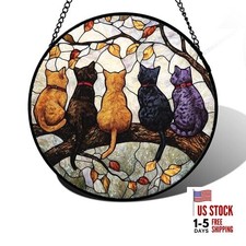 Stained Glass Window Hanging - 5 Cats on a Branch Suncatcher 9.8x9.8 IN Black