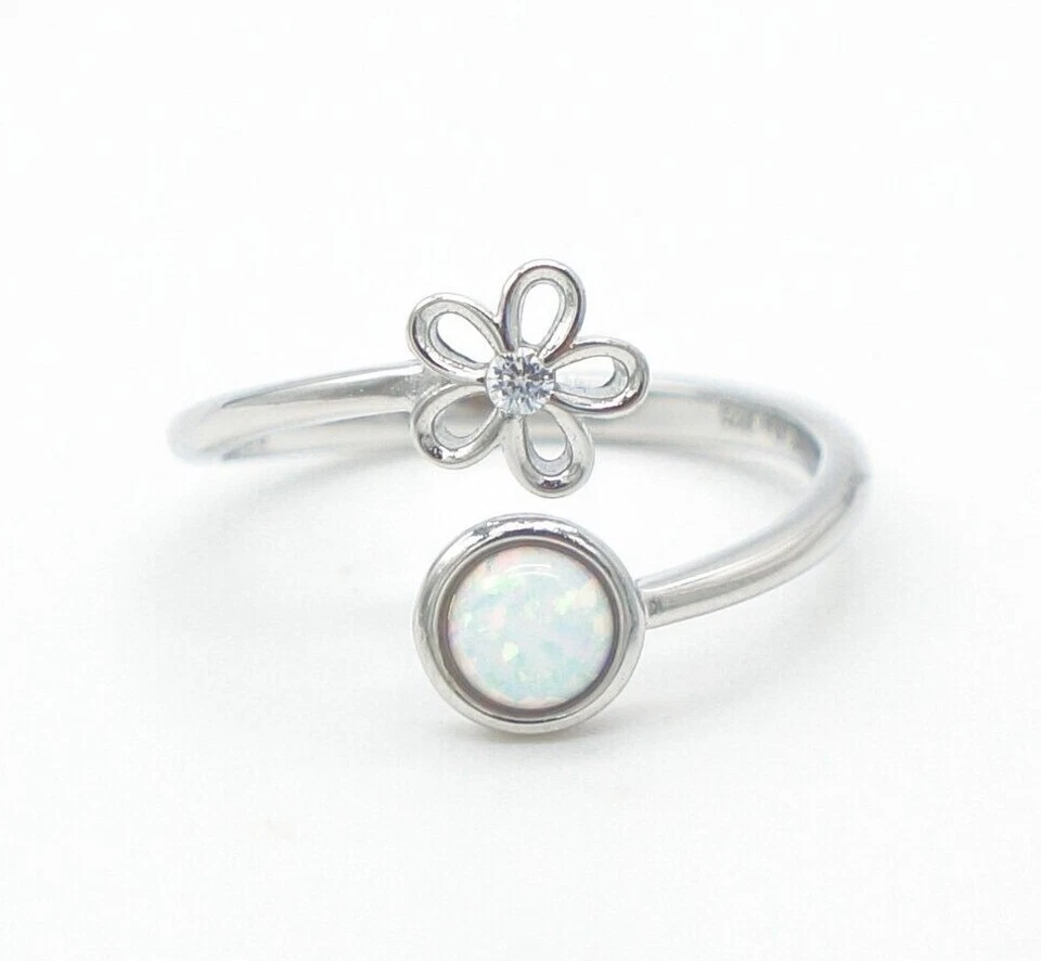 Anillo ajustable de ópalo sintético de plata de ley 925 - Flor de plumeria hawaiana Foto 2 de 3