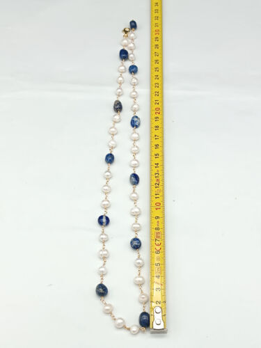 collana donna sciarpa perla naturale sodalite blu argento 925 catena lunga - Foto 11 di 12