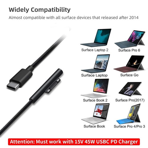 USB-C USB Type-C Charging Cable for Microsoft Surface Pro X 9 8 7 7+ 6 5 4 3 - Picture 2 of 7