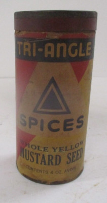 Vintage Tri-Angle Spices Whole Yellow Mustard Seed Container .. Some Contents