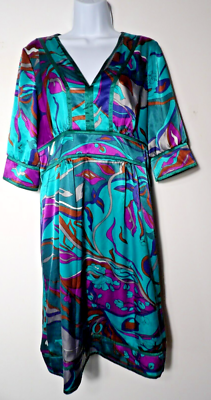 Mixit Dress Size 12 Silky Boho Retro Shift Knee Modest Empire Waist V Neck  | eBay