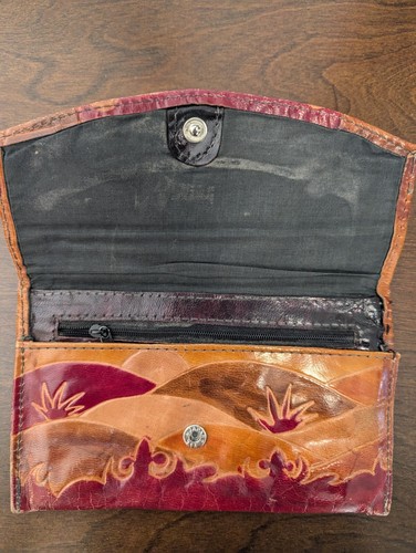 Vintage Tooled Leather Cash Wallet Cowboy Western Colorful Handmade in India - Picture 2 of 5
