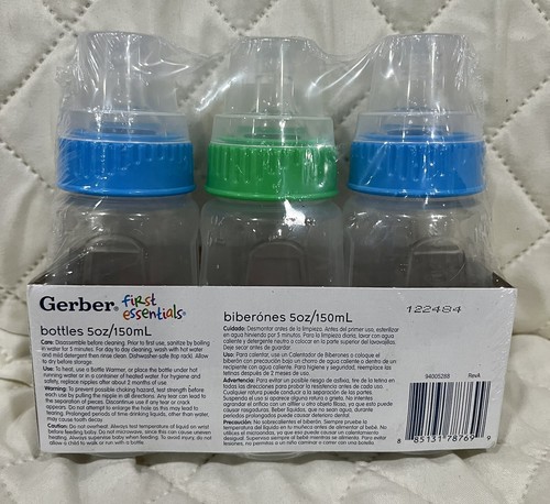 Gerber First Essentials 5 oz. Slow Flow Baby Bottles in Blue/green Clear 3 Pack - Picture 2 of 3