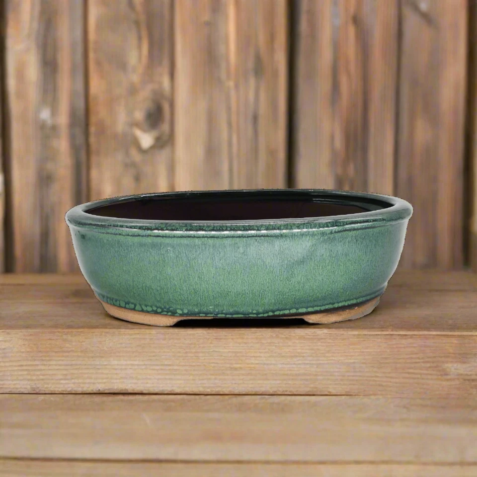 YORKSHIRE BONSAI 26cm Glazed Bonsai Pot | Oval | 26cm x 20cm x 8cm | Green