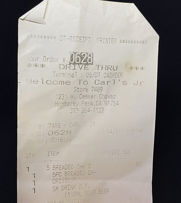 Print Receipt 2011 Fast Food Drive Thru Carl's Jr Food Ephemera Paper Collectors