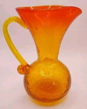 Blenko Handblown Amberina Crackle Glass Pitcher W/Cadmium Glow 5.75" Tall Vtg
