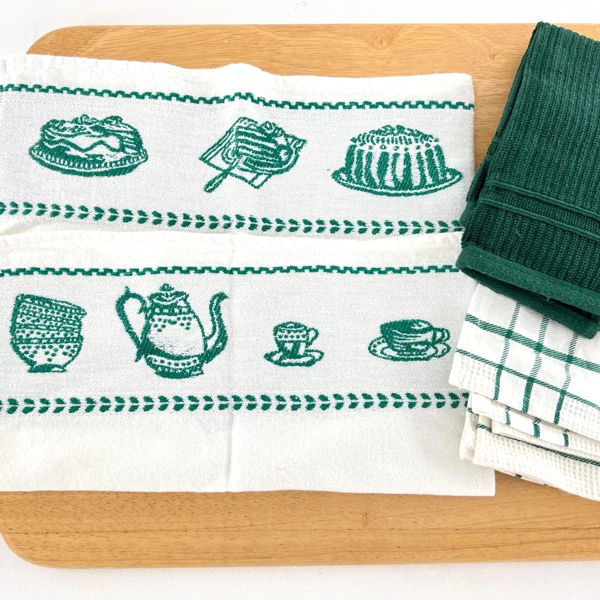 Vintage dish towel set, kitschy kitchen towels, fun green dessert pattern