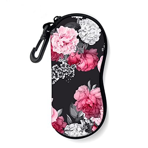 Sunglasses Soft Case with Carabiner Ultra Light Neoprene Zipper Black Flower - Picture 1 of 7