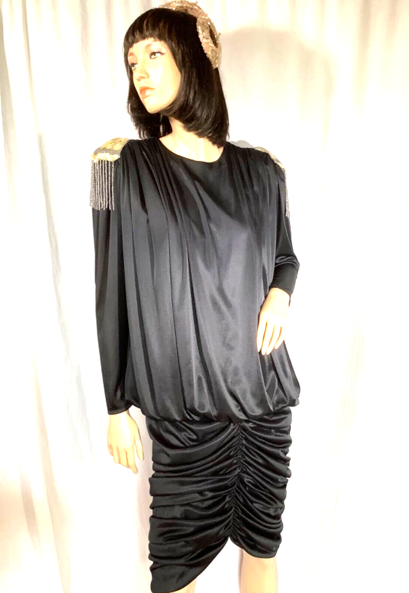 Vintage 80s Glam black Dress draped 1920s Flapper formal Beaded