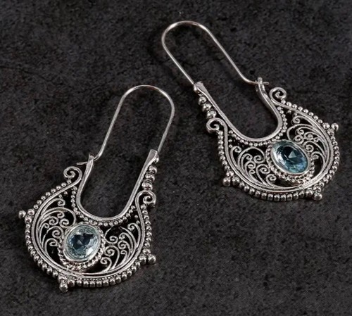 Silver Plated Blue CZ Boho Safety Pin Dangle Earrings - New - Picture 2 of 4