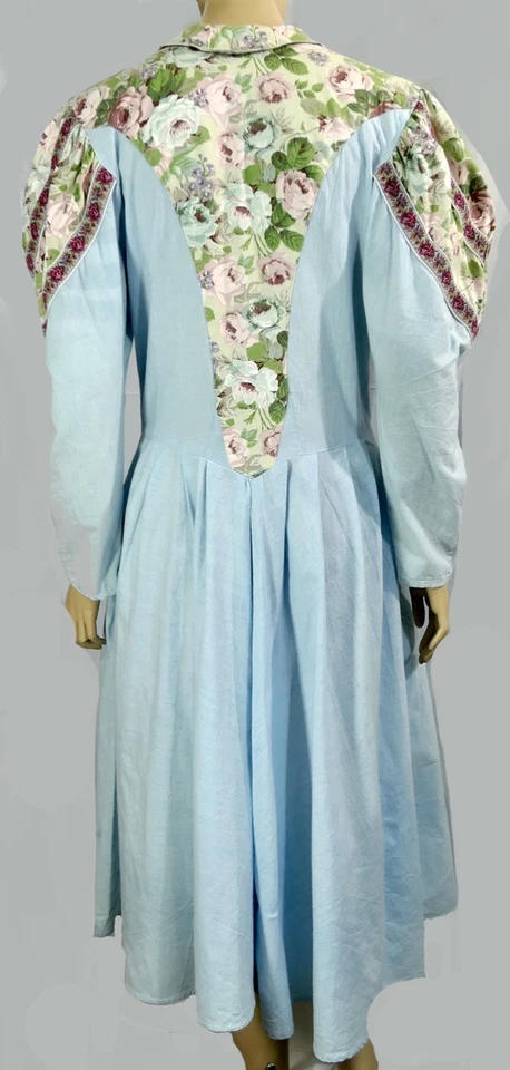 Vestido midi vaquero azul calicó manga cordero vintage años 80 Western Boho S Foto 3 de 4