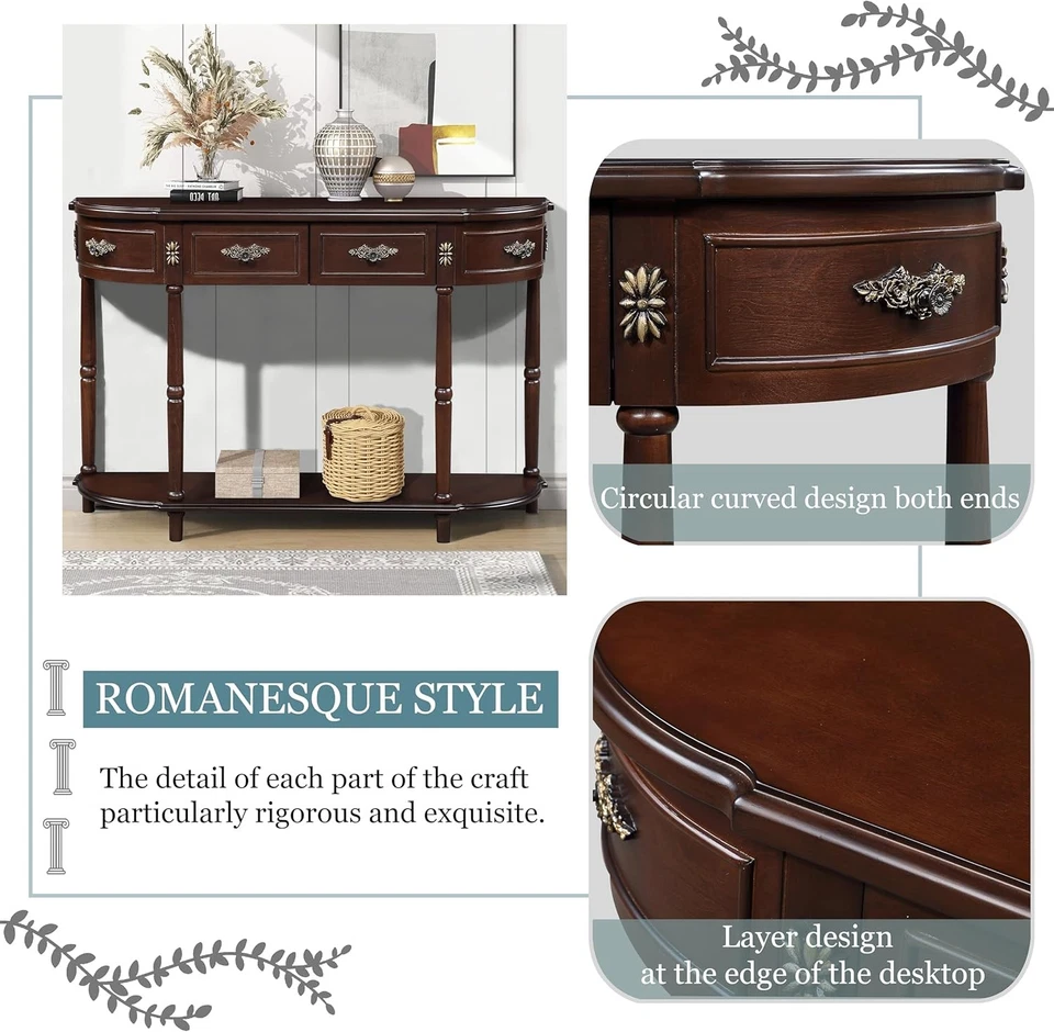52" Retro Curved Console Table, Wood Sofa Table with Open Shelf and 2 Drawers - Image 3 of 4