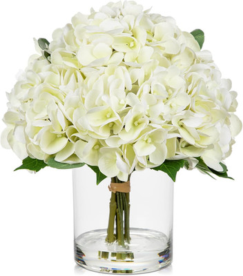Real Touch White Hydrangea Faux Flowers in Glass Vase for Home Decor