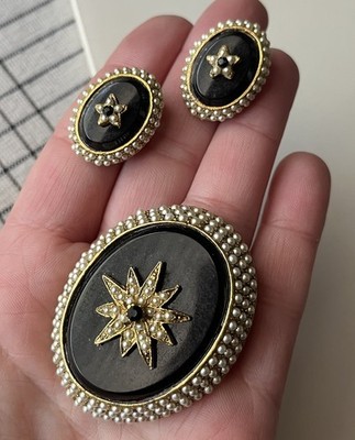 Victorian Revival Brooch Earrings Set Florenza Sphinx Style Mourning Seed Pearl