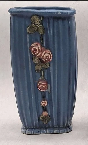 Antique Weller Pottery Blue Drapery Vase w/Roses 7"
