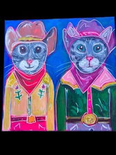 Meowdy Cowboy Cats 12 X 12 Original Folk Quirky Pop Art Acrylic Painting Signed 