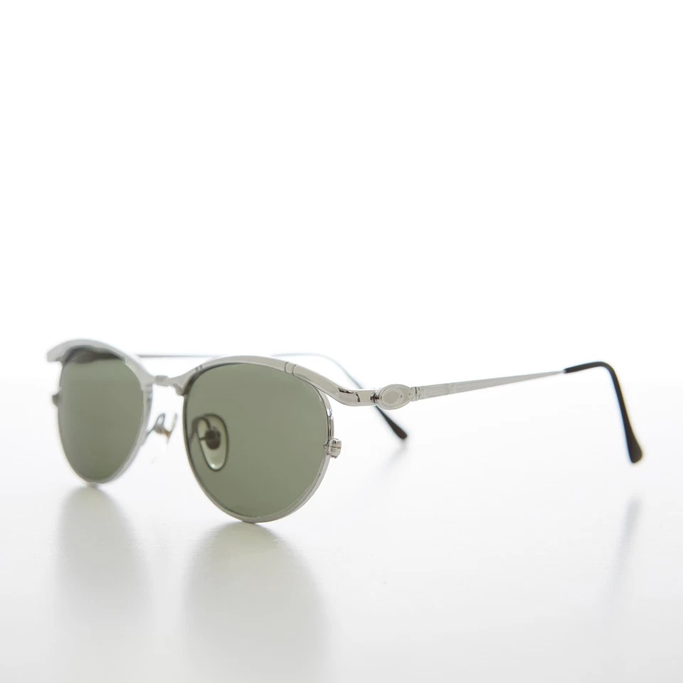 Gafas De Sol Vintage Original Marco Plateado Lente Verde Metal Redondo 52x20x140 - Imagen 2 de 3