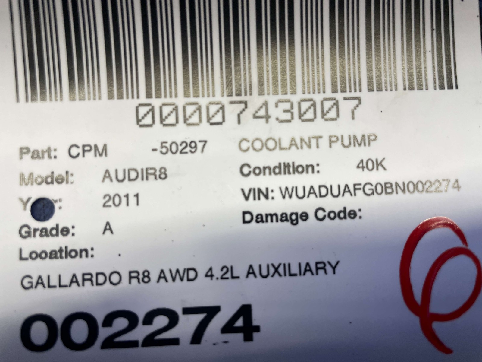 2011-2015 AUDI R8 TYPE 42 OEM AWD 4.2L AUXILIARY WATER COOLANT PUMP 3D0965561D