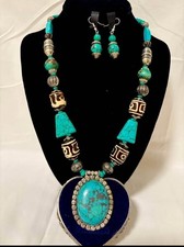 Turquoise Style Necklace  Earrings Set Silver Tone Boho Jewelry