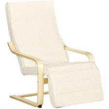 HOMCOM Poltrona Relax con Poggiapiedi a 5 Livelli e Poggiatesta in Legno Crema