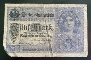1917 Germany 5 Mark Banknote WWI Imperial German Empire Overprint Currency