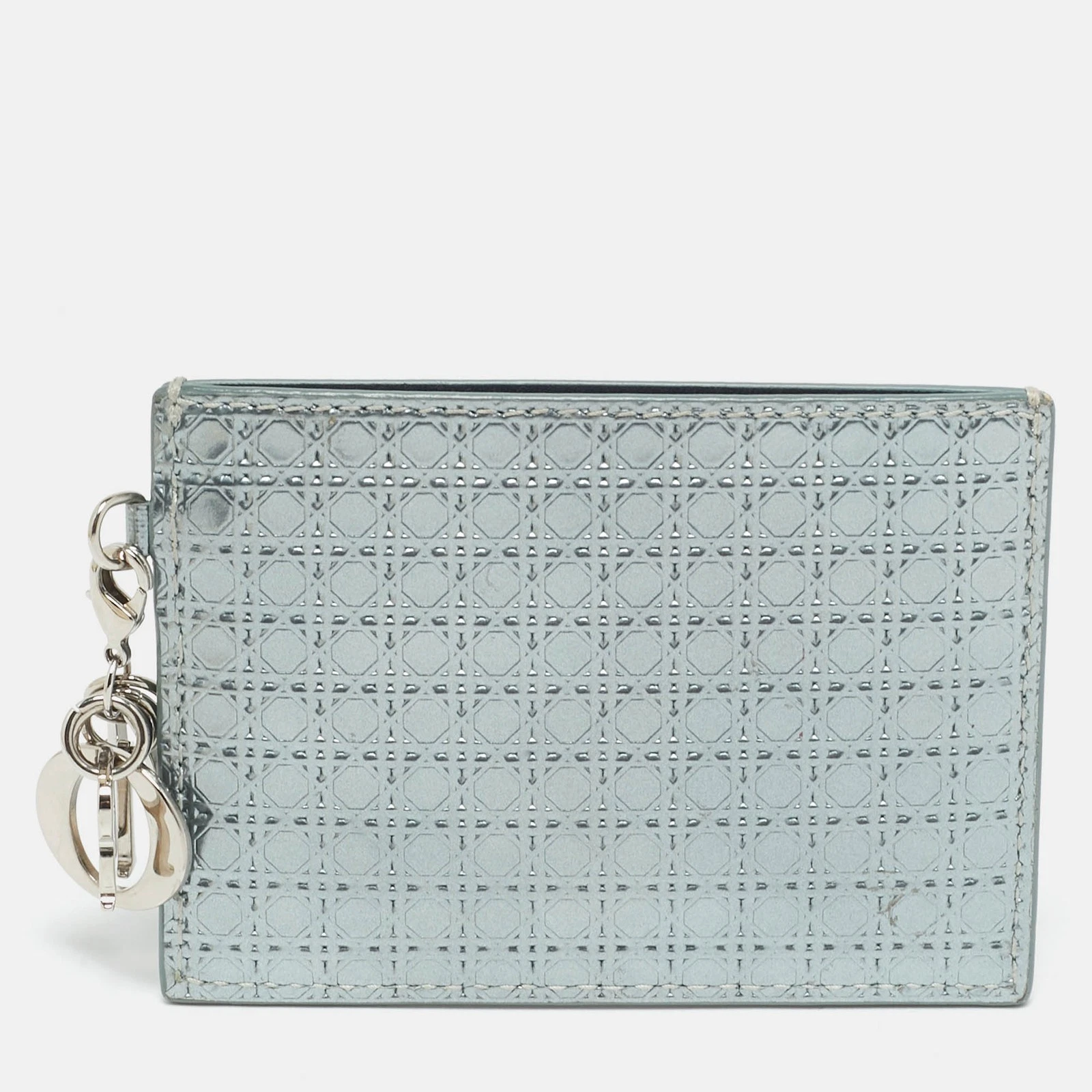 Porte carte Dior cuir verni bleu métallisé Lady Dior