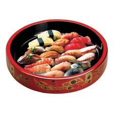 Red with Traditional Art Sushi Serving Tray - Round Sashimi Platter & Seafood...
