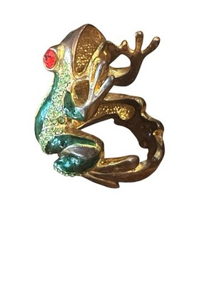 Whimsical Frog Statement Ring Green Enamel Rhinestone Eyes Gold Tone Size 8