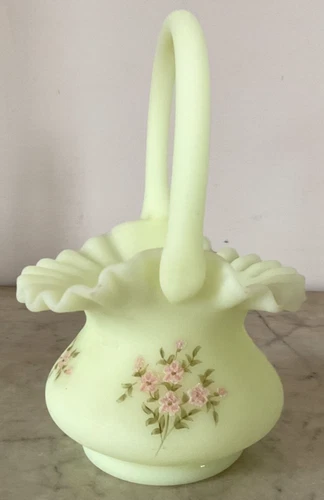 Vtg Fenton Custard Ruffled Uranium Vaseline Glass Basket- Signed - Hand Painted