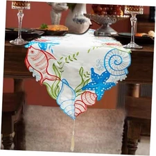  Applique Embroidered Summer Beach Table Runner 72 inches Long, Starfish 